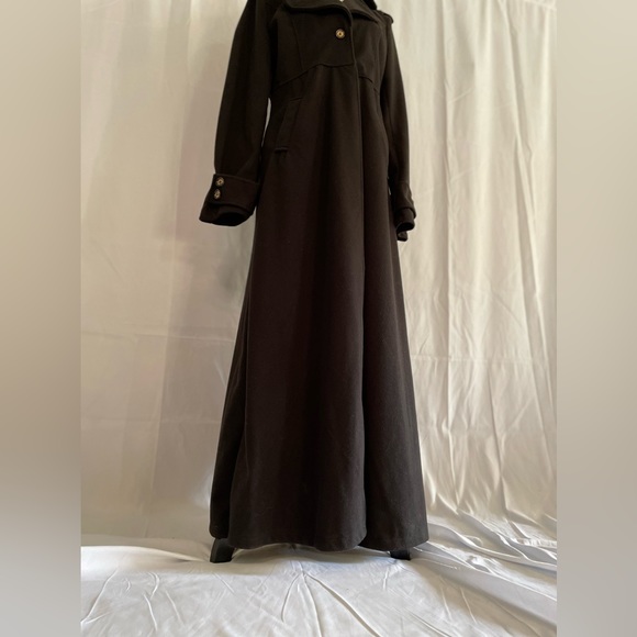 LONG FULL LENGTH TRENCH COAT XXL BLACK WITH GOLD NAUTICAL BUTTONS - Picture 5 of 7